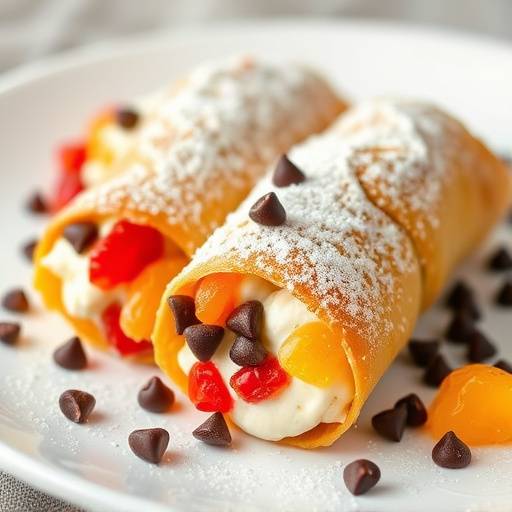 Cannoli siciliani ripieni di ricotta dolce, canditi e gocce di cioccolato, spolverati di zucchero a velo