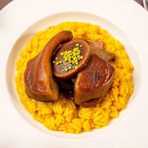 Piatto di ossobuco alla milanese con risotto allo zafferano e una spolverata di gremolada