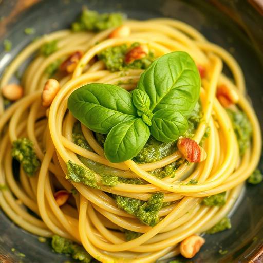 Piatto di pasta fresca con pesto alla genovese, pinoli tostati e una foglia di basilico fresco