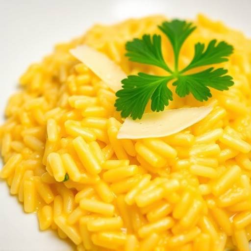 Piatto di risotto allo zafferano guarnito con una spolverata di parmigiano e un rametto di prezzemolo