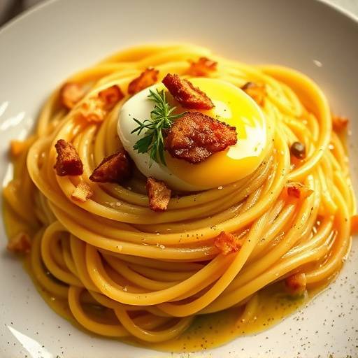 Piatto fumante di spaghetti alla carbonara con guanciale croccante e tuorlo d'uovo cremoso