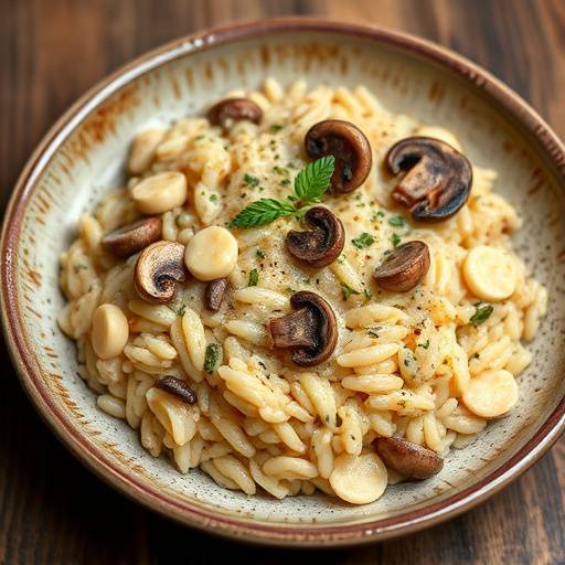 Un cremoso risotto ai funghi porcini servito in un piatto di ceramica rustica.