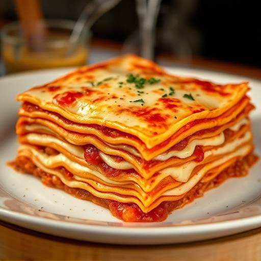 Un piatto di lasagne al forno fumante con strati di pasta, rag&ugrave;, besciamella e formaggio gratinato.
