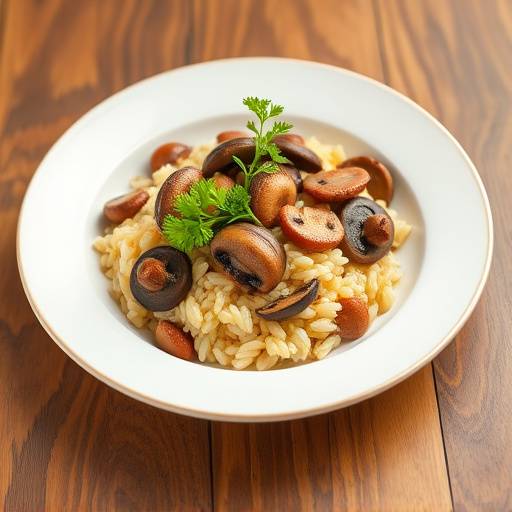 Un piatto di risotto ai funghi porcini con prezzemolo fresco tritato come guarnizione.
