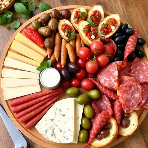 Un tavolo imbandito con vari antipasti italiani, tra cui olive, formaggi, salumi, bruschette e verdure sott'olio.