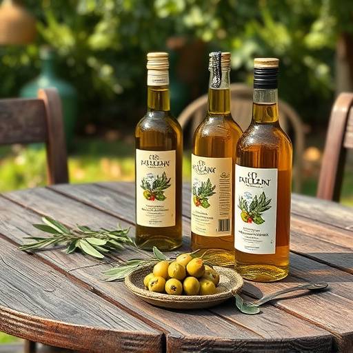 Un tavolo rustico all'aperto con diverse bottiglie di olio extra vergine d'oliva e olive fresche.