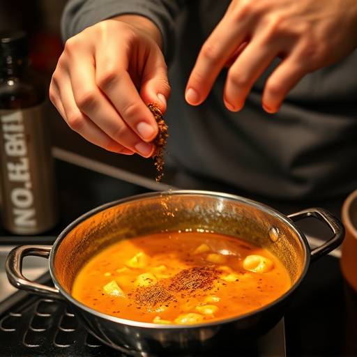 Una persona che cucina, aggiungendo spezie a un sugo in preparazione.