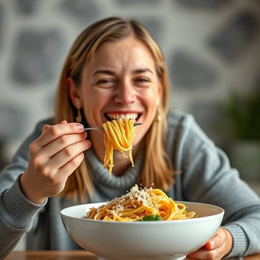 Una persona che sorride mentre assaggia un piatto di pasta appena cucinata.