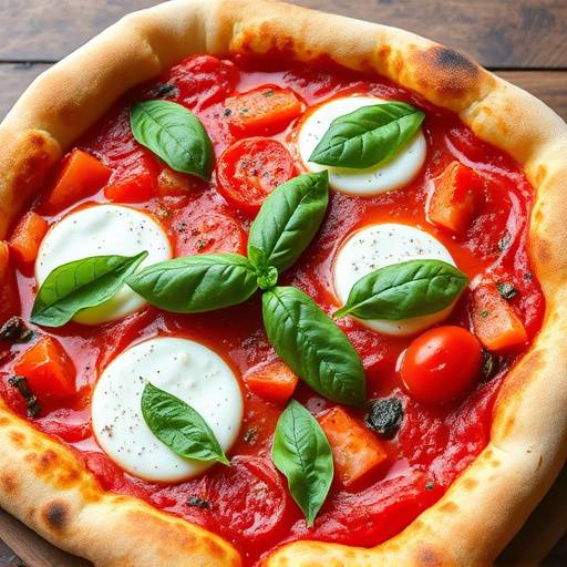 Una pizza napoletana appena sfornata con mozzarella di bufala, pomodoro San Marzano e basilico fresco.