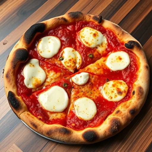 Una pizza napoletana appena sfornata con bordo alto e bruciacchiato, pomodoro San Marzano, mozzarella di bufala e basilico fresco.