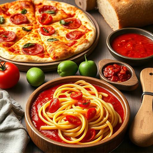 Una tavola imbandita con piatti tipici italiani: pasta fresca, sugo al pomodoro, pizza e pane fatto in casa.