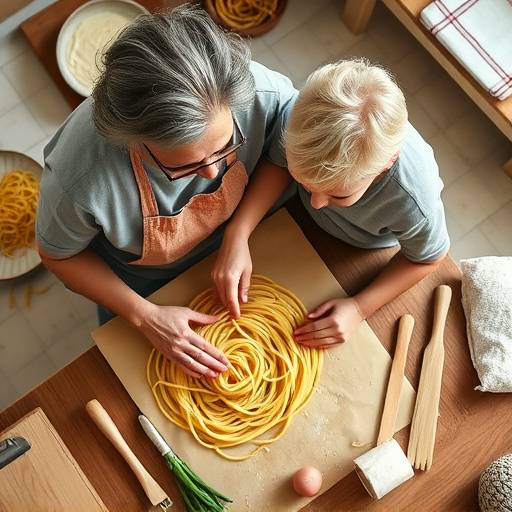 Una vista dall'alto di una nonna che mostra a suo nipote come preparare la pasta fresca.