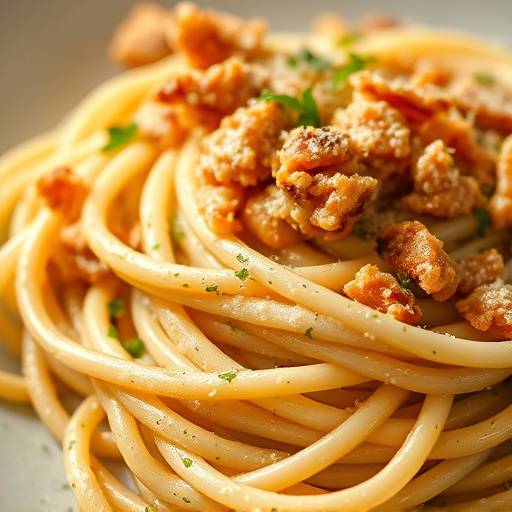 Una vista ravvicinata di un piatto fumante di pasta alla carbonara, con tuorlo d'uovo cremoso e guanciale croccante.
